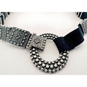 Big Statement Woman's Silver Tone Studded Panel Black Stretch Belt 36" Large 3lb